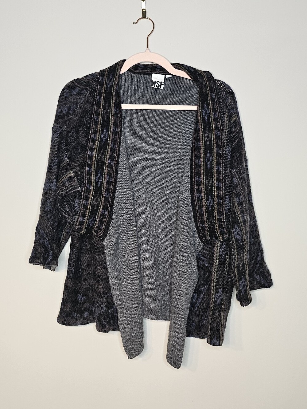 NSF Open Front Cardigan Wool Cashmere Blend Size Small Gray Abstract Soft Cozy